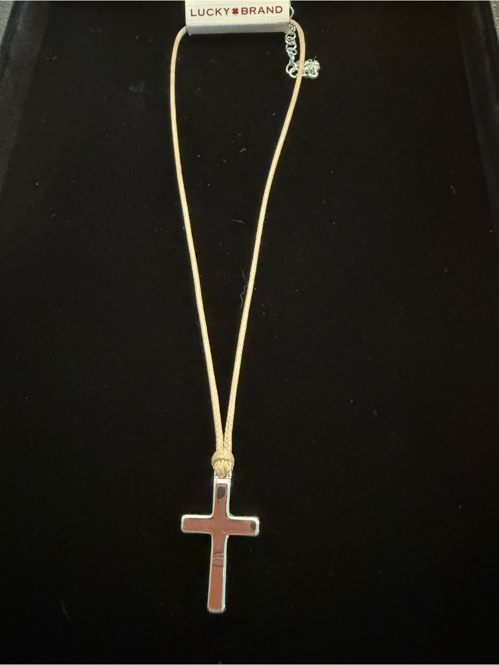 NWT Lucky Brand Cross Pendant Choker Necklace Tan Cord Silver Tone